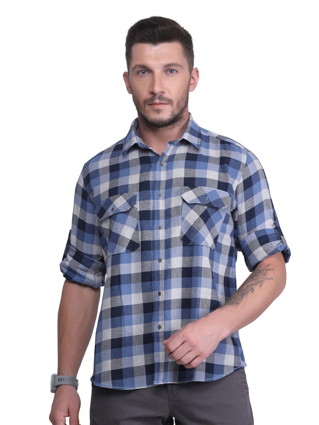 

USMC Relaxed Checked Cotton Casual Shirt, Navy blue