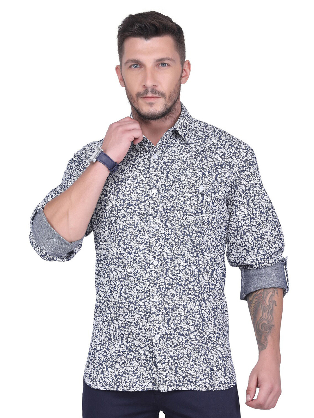 

USMC Relaxed Floral Printed Spread Collar Roll Up Sleeves Cotton Casual Shirt, Blue