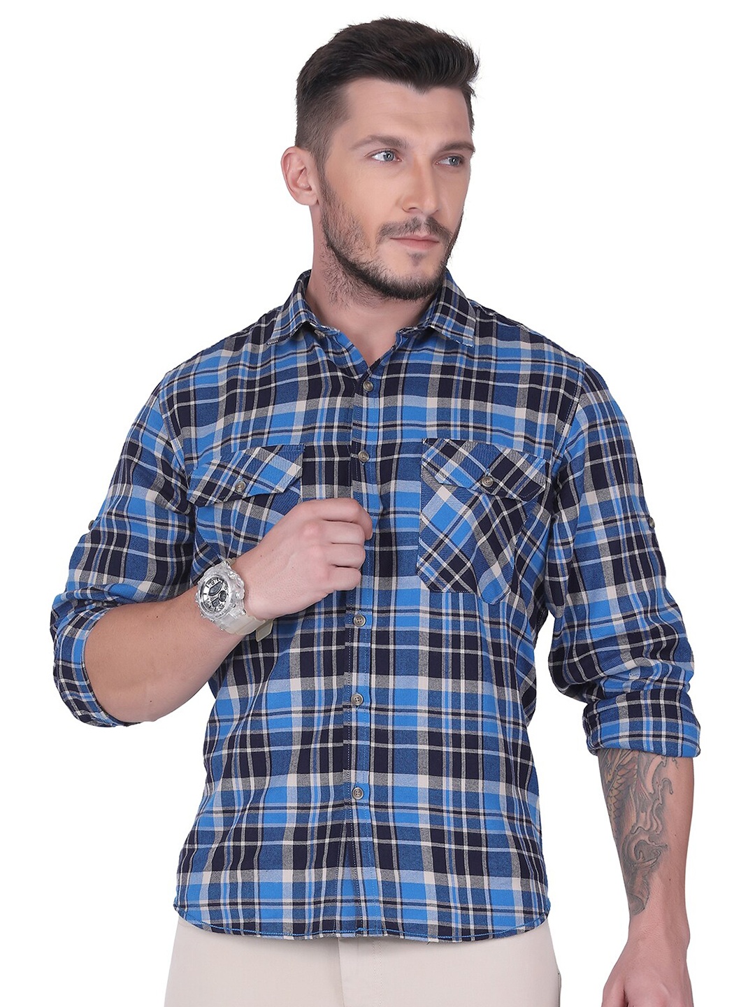 

USMC Relaxed Tartan Checked Spread Collar Cotton Casual Shirt, Blue