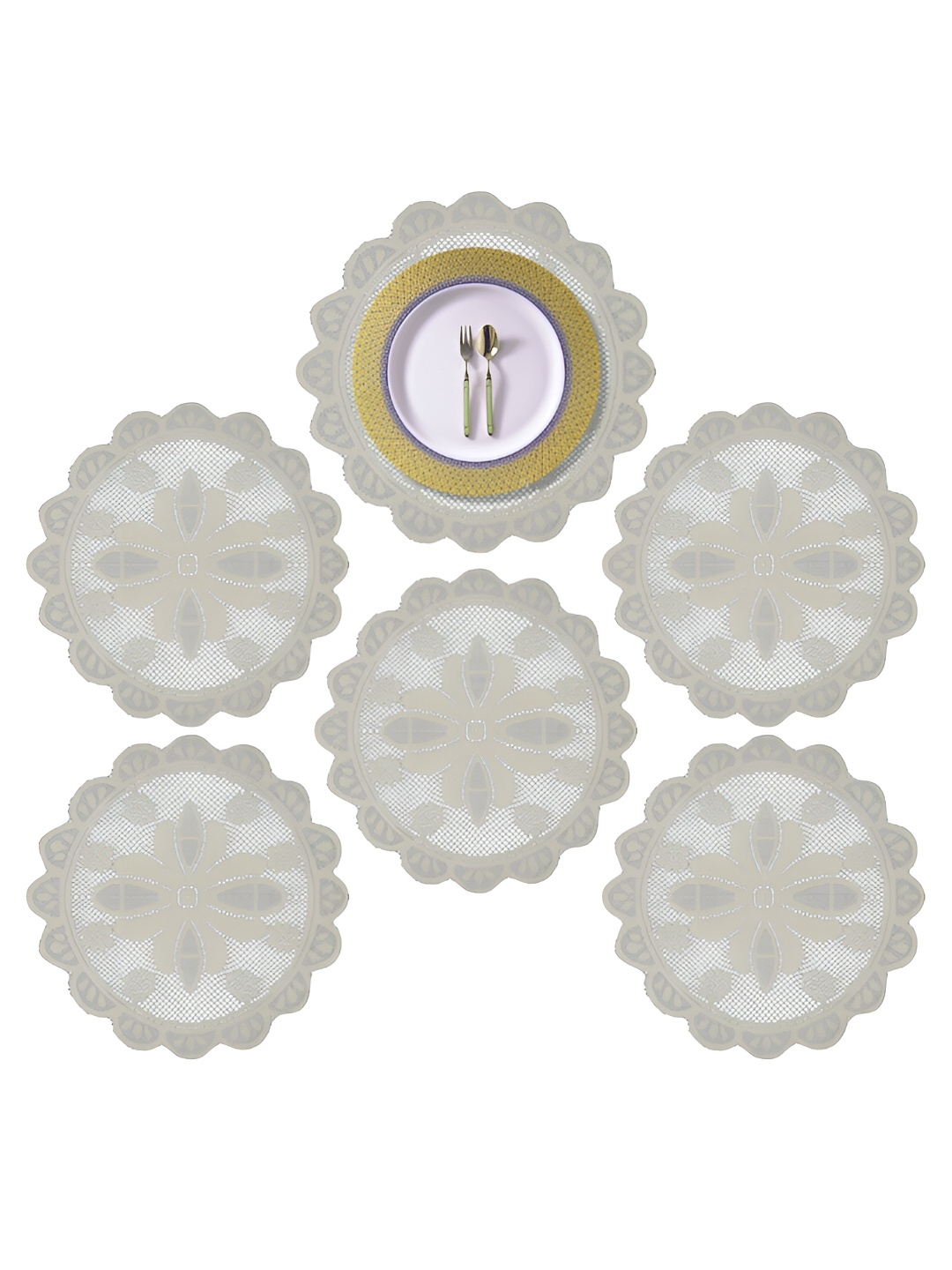 

Kuber Industries Cream Coloured 6 Pieces Textured Cotton Round Table Placemats