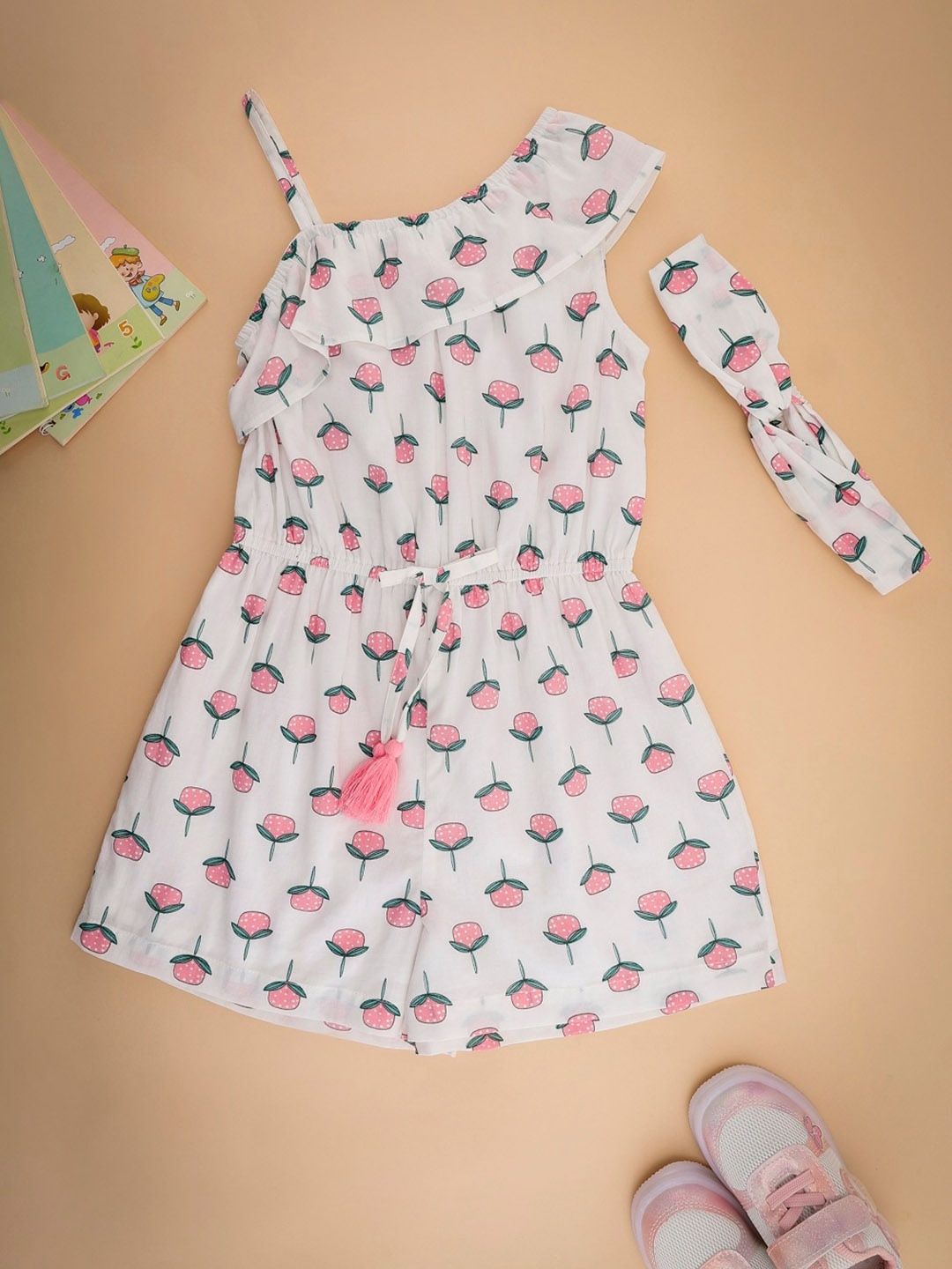 

NUEVOSDAMAS Girls Printed Cotton Rompers With Headband, White