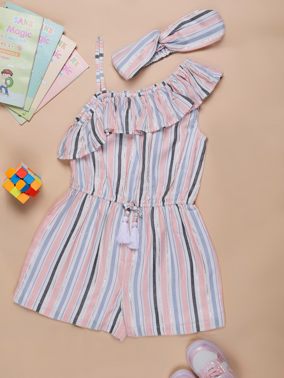 

NUEVOSDAMAS Girls Striped Cotton Rompers With Headband, Grey