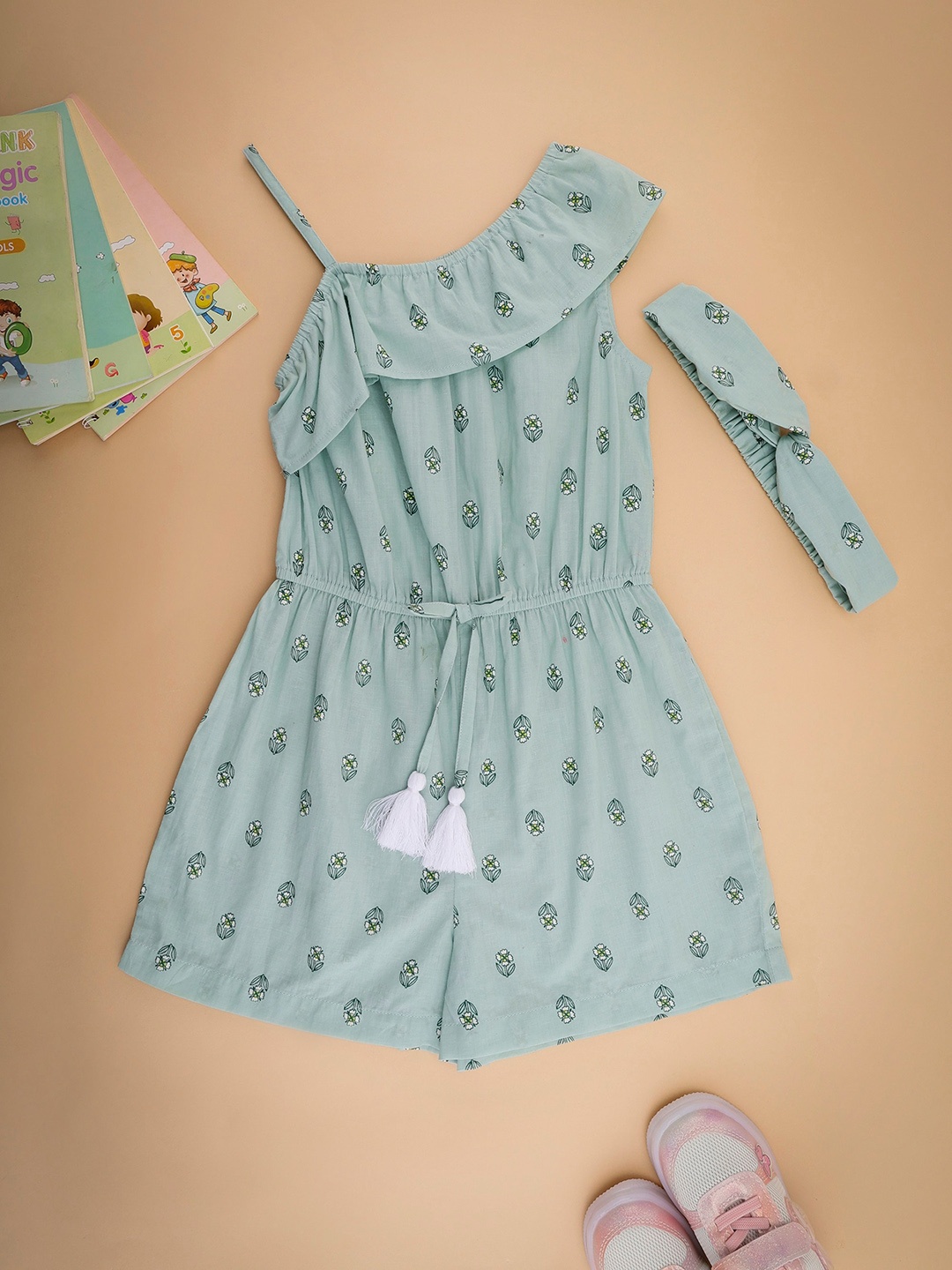 

NUEVOSDAMAS Girls Blossom Printed Cotton Romper With Headband, Green