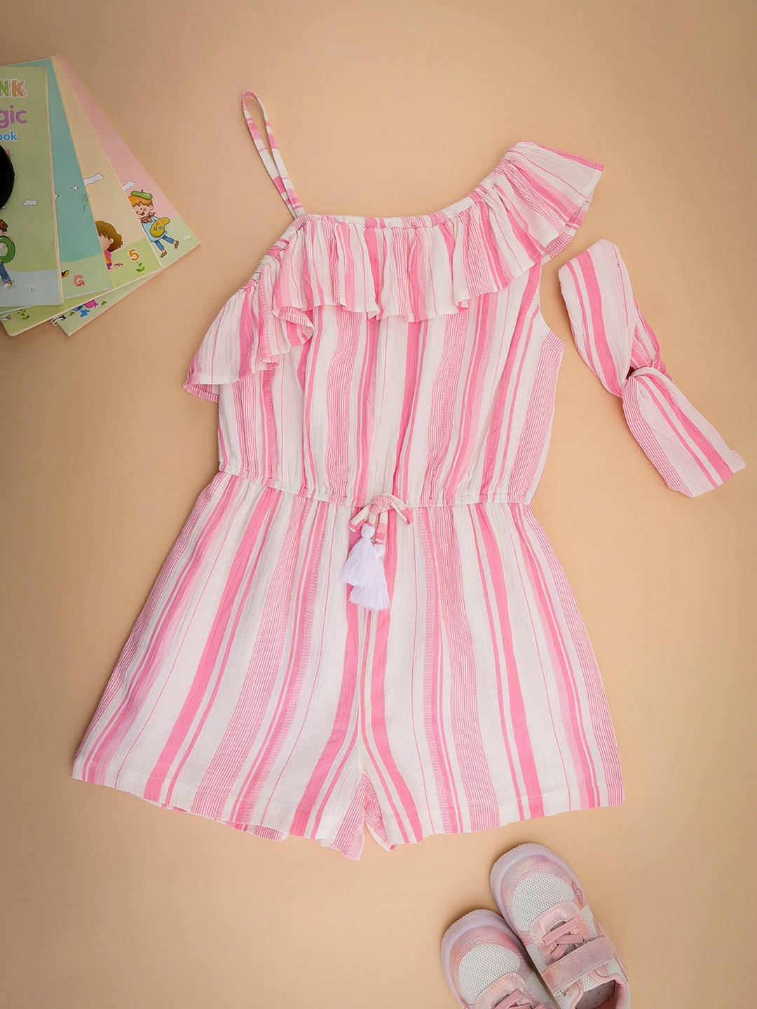 

NUEVOSDAMAS Girls Striped Cotton Rompers With Headband, Pink