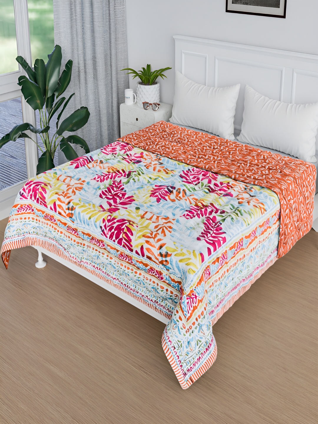 

Kuber Industries Orange Coloured & White Floral AC Room 380 GSM Single Bed Blanket