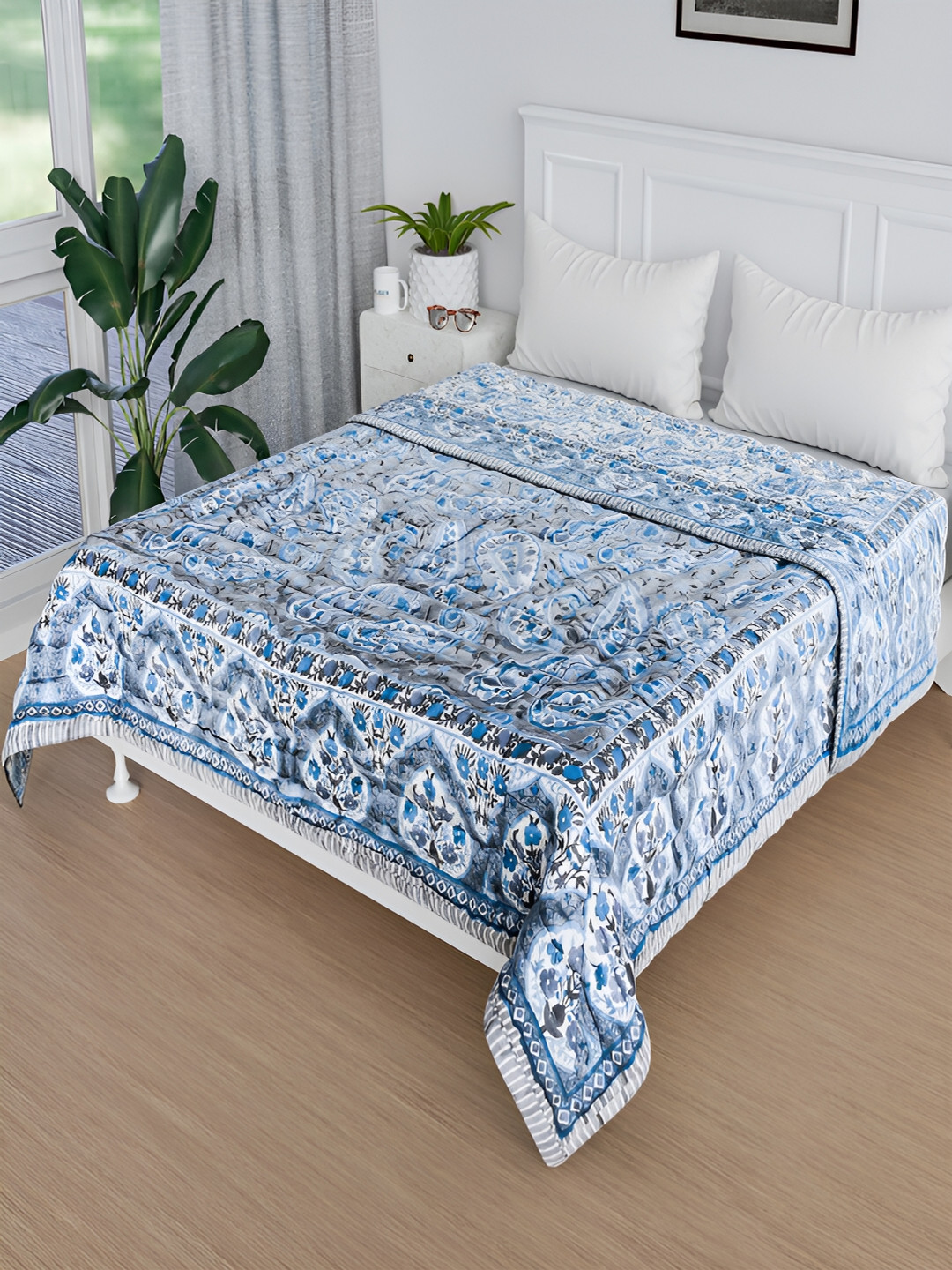 

Kuber Industries Grey & White Ethnic Motifs AC Room 380 GSM Single Bed Blanket