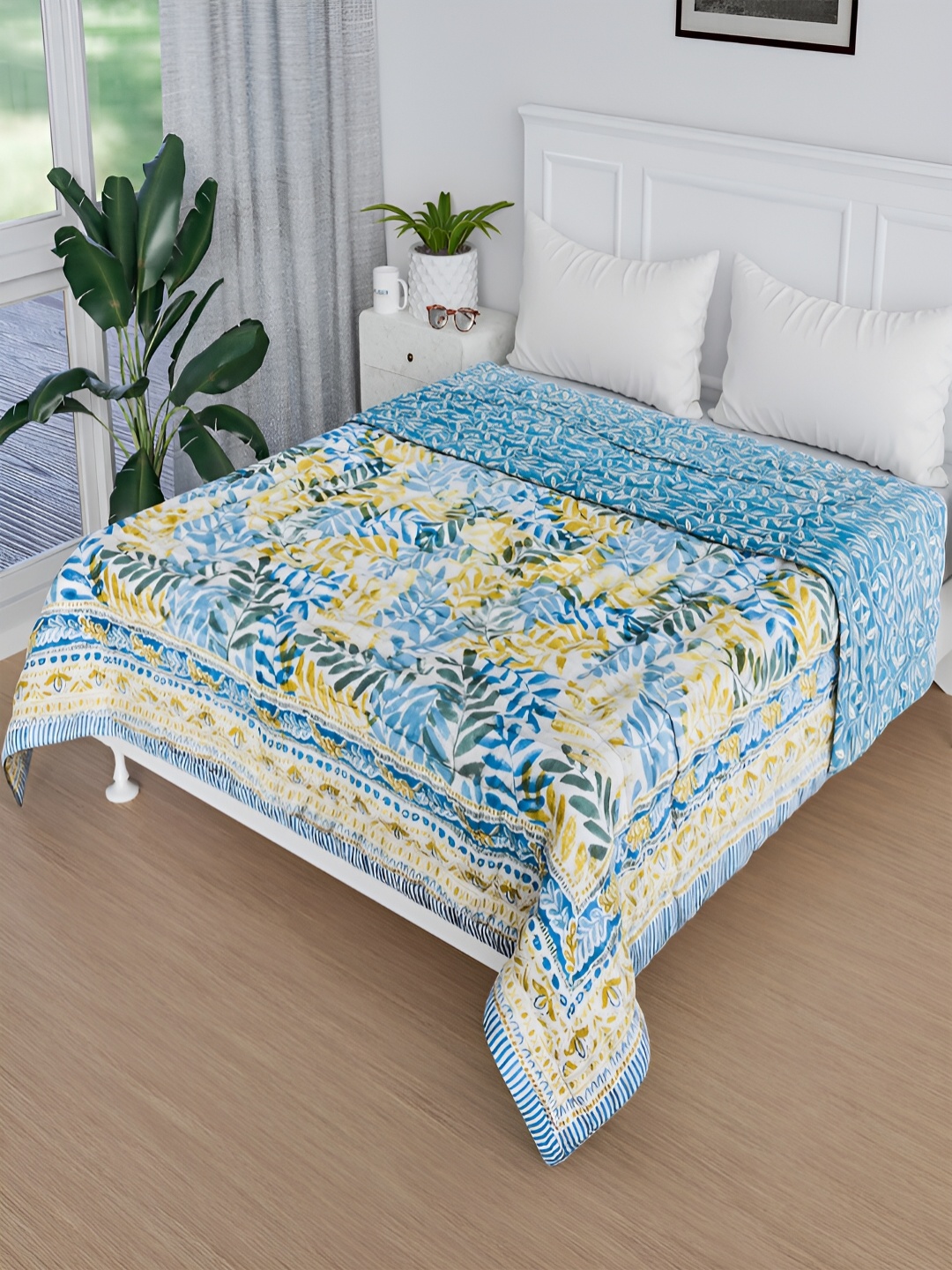 

Kuber Industries Blue & White Floral AC Room 380 GSM Single Bed Blanket