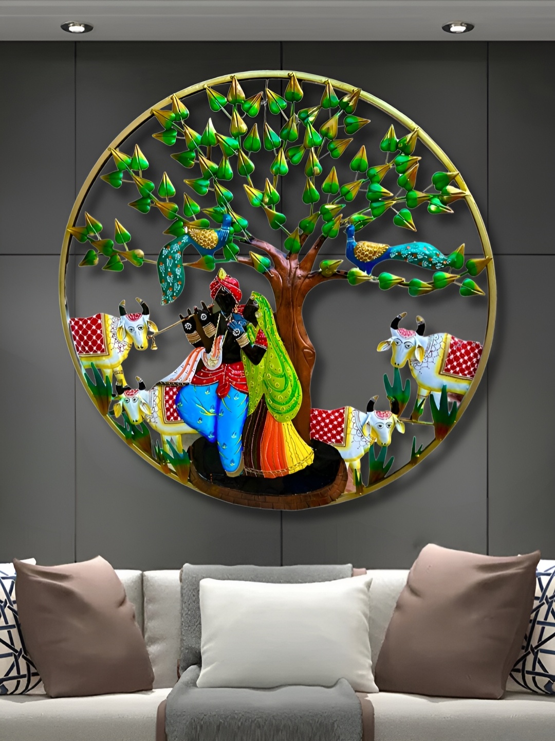 

RSN Green & Red Radha Krishna Cow Tree Wall Decor With Led