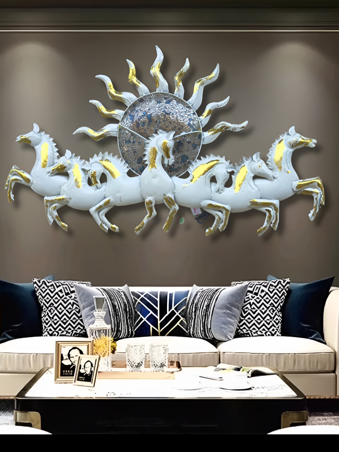 RSN White 7 Horse Rising Sun Metal Wall Hanging With Led