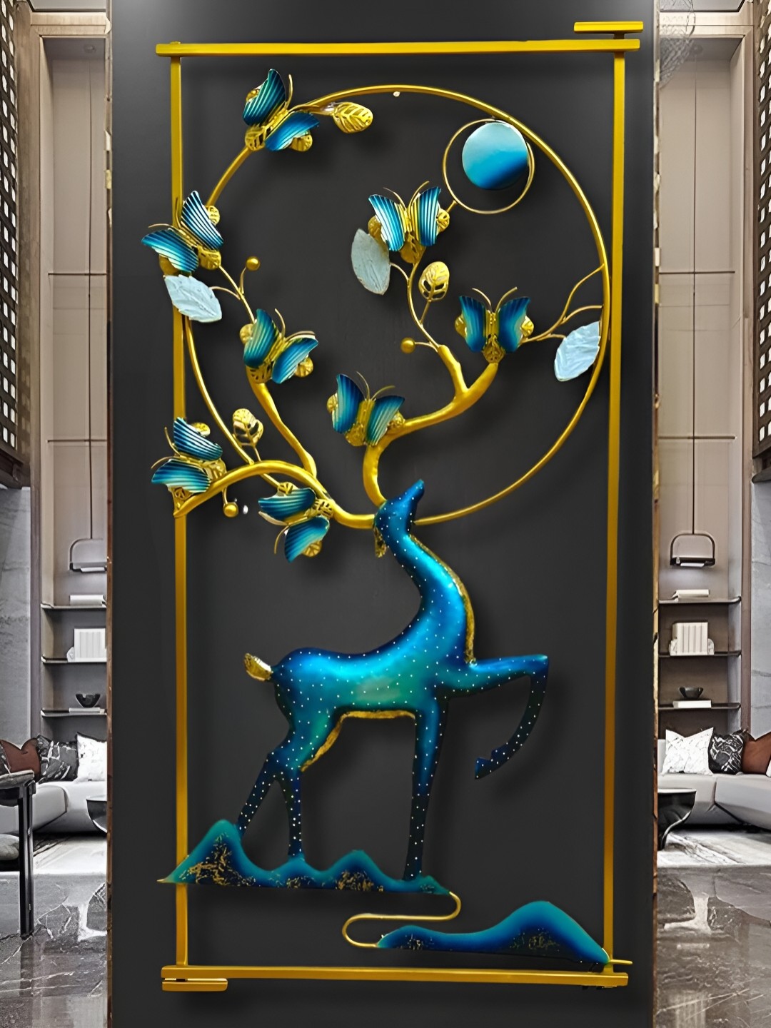 

RSN Blue & Black Patterned Metal Deer & Butterfly With Led Wall Hanging