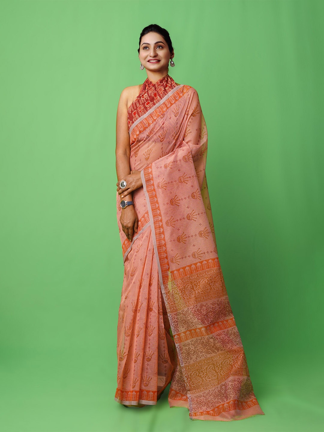 

Unnati Silks Ethnic Motifs Handloom Supernet Block Print Saree, Peach
