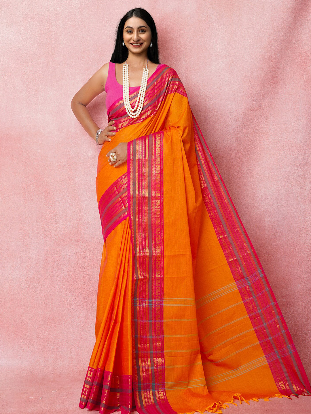 

Unnati Silks Woven Design Zari Pure Cotton Handloom Kanjeevaram Saree, Orange
