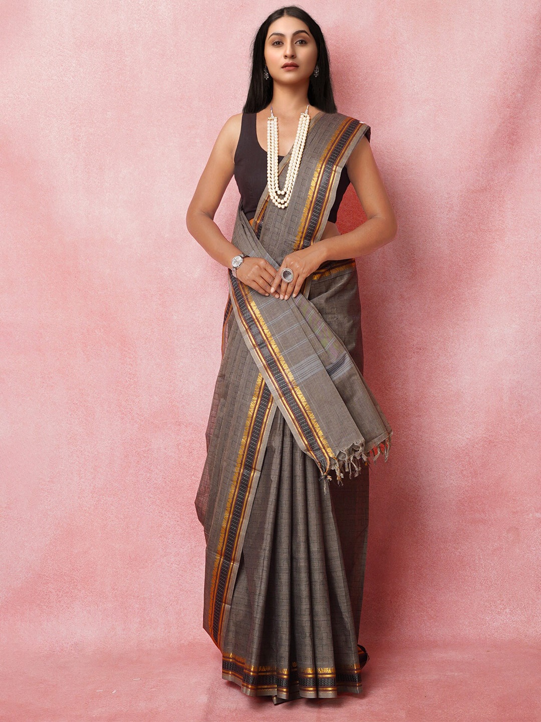 

Unnati Silks Woven Design Zari Pure Cotton Handloom Kanjeevaram Saree, Grey
