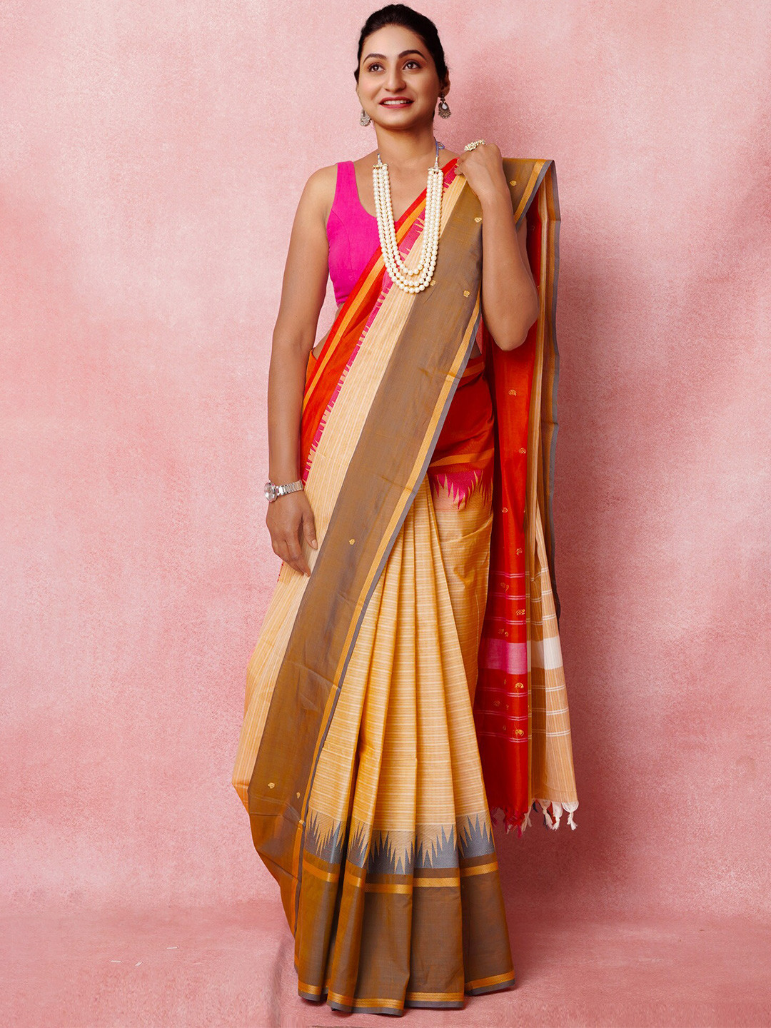 

Unnati Silks Zari Pure Cotton Kanjeevaram Saree, Cream