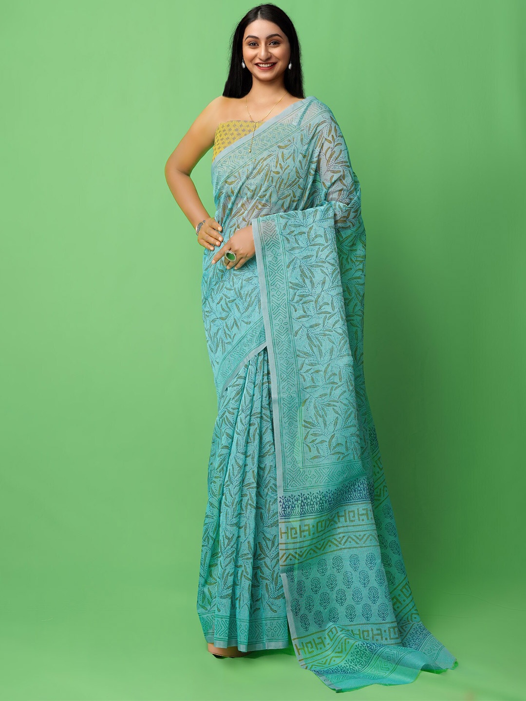 

Unnati Silks Floral Woven Design Block Print Saree, Green