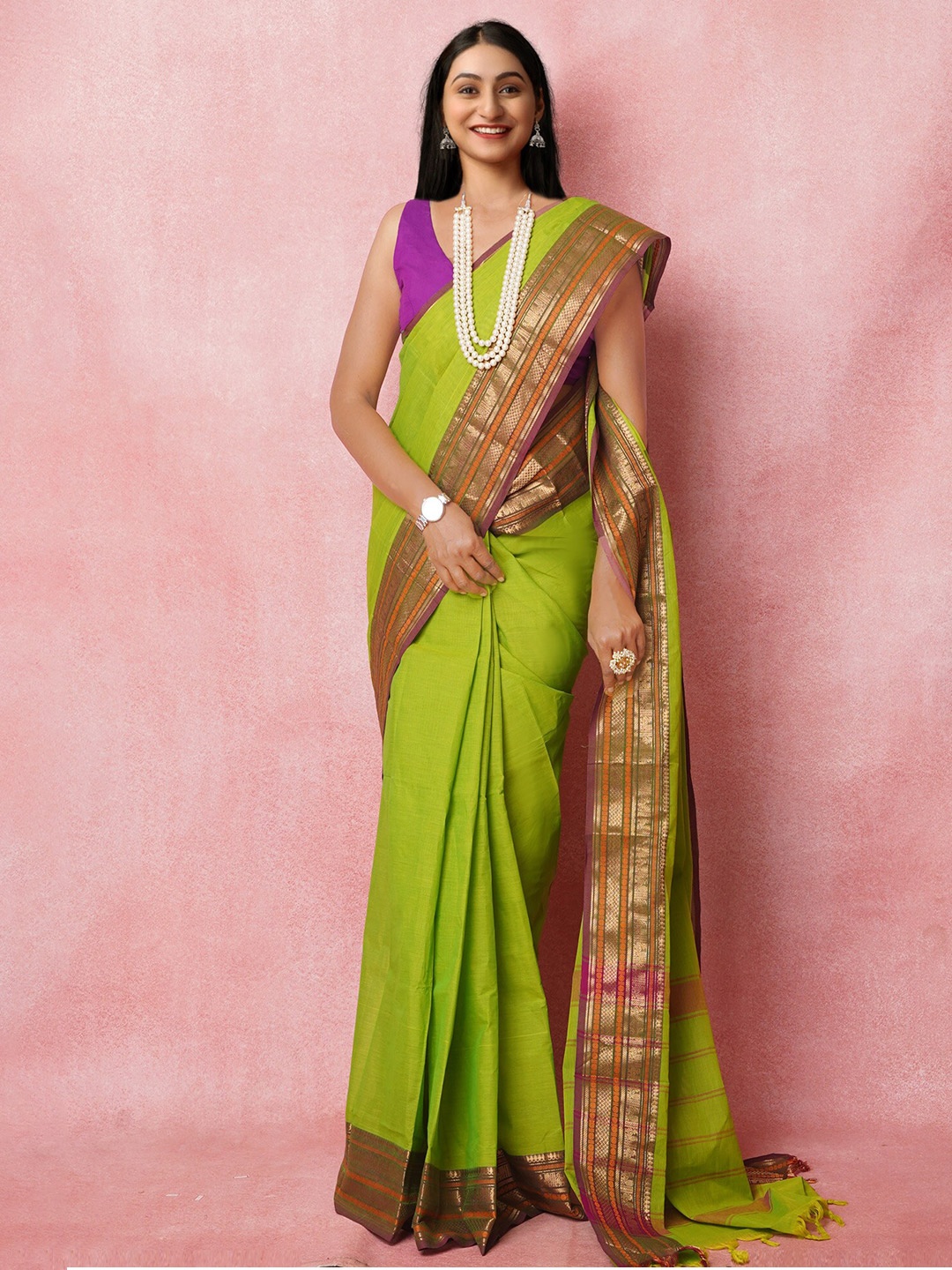 

Unnati Silks Zari Pure Cotton Handloom Kanjeevaram Saree, Green