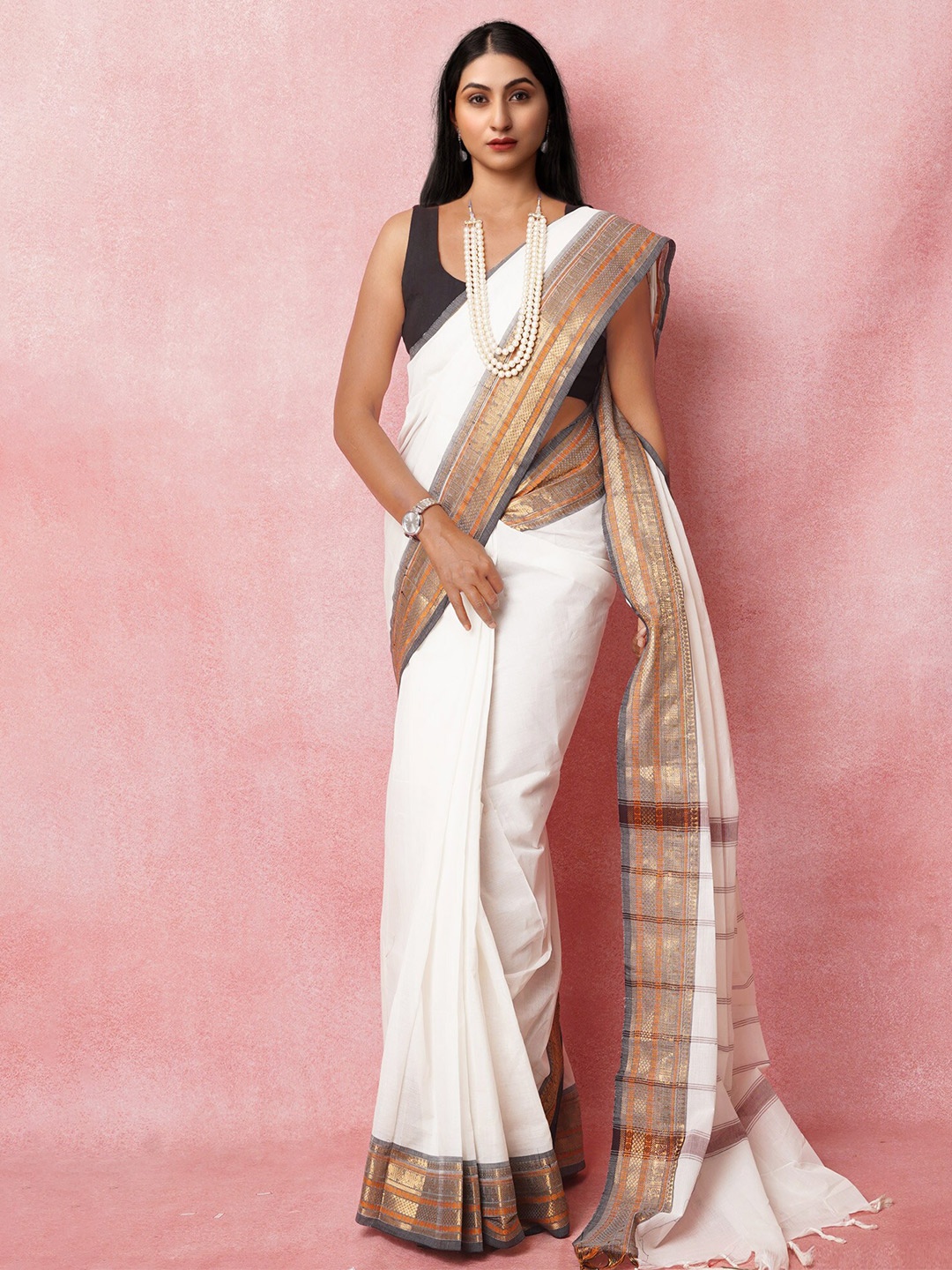 

Unnati Silks Zari Pure Cotton Handloom Kanjeevaram Saree, White