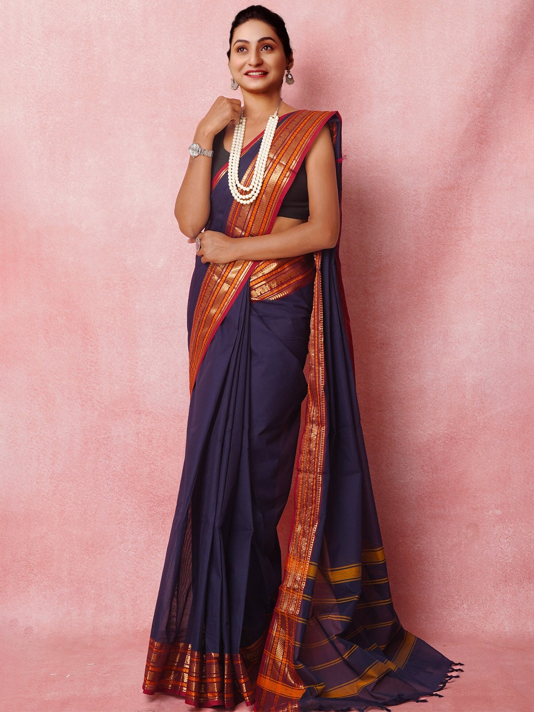 

Unnati Silks Zari Pure Cotton Handloom Kanjeevaram Saree, Navy blue