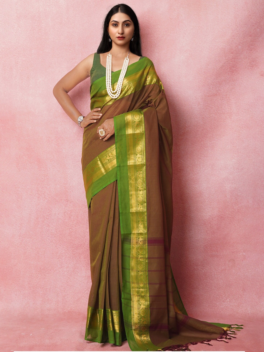 

Unnati Silks Zari Pure Cotton Handloom Kanjeevaram Saree, Green