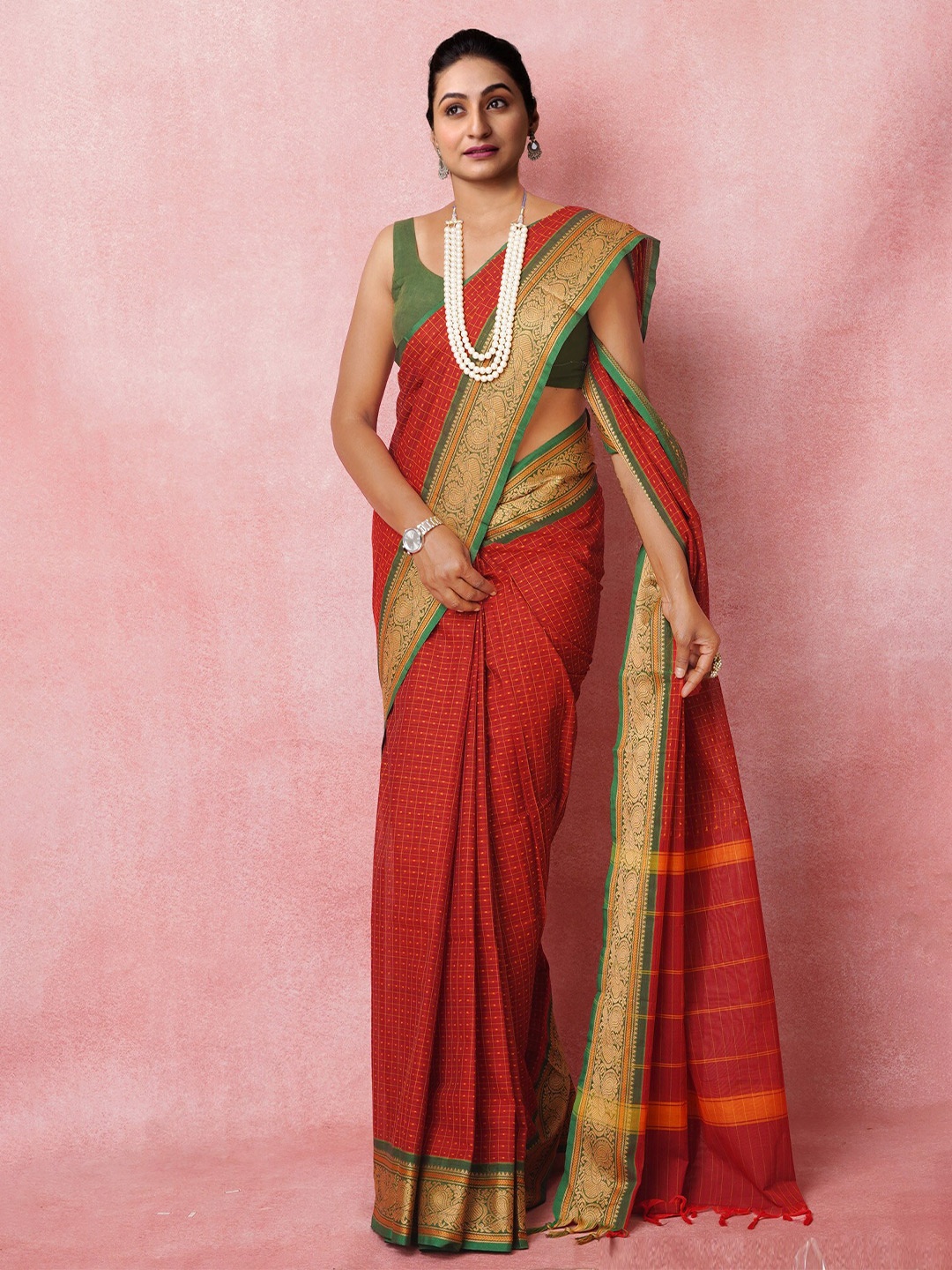 

Unnati Silks Zari Pure Cotton Kanjeevaram Saree, Red