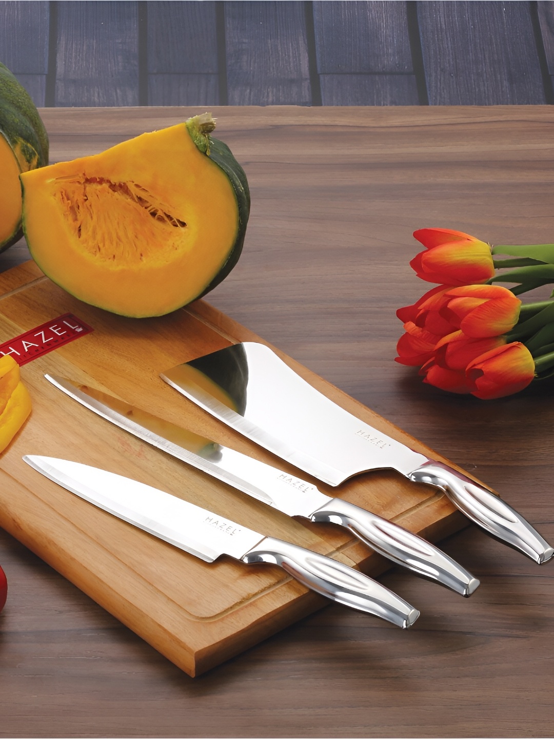 

HAZEL Silver-Toned & Brown 4 Pieces Stainless Steel Knife With Wooden Chopping Board