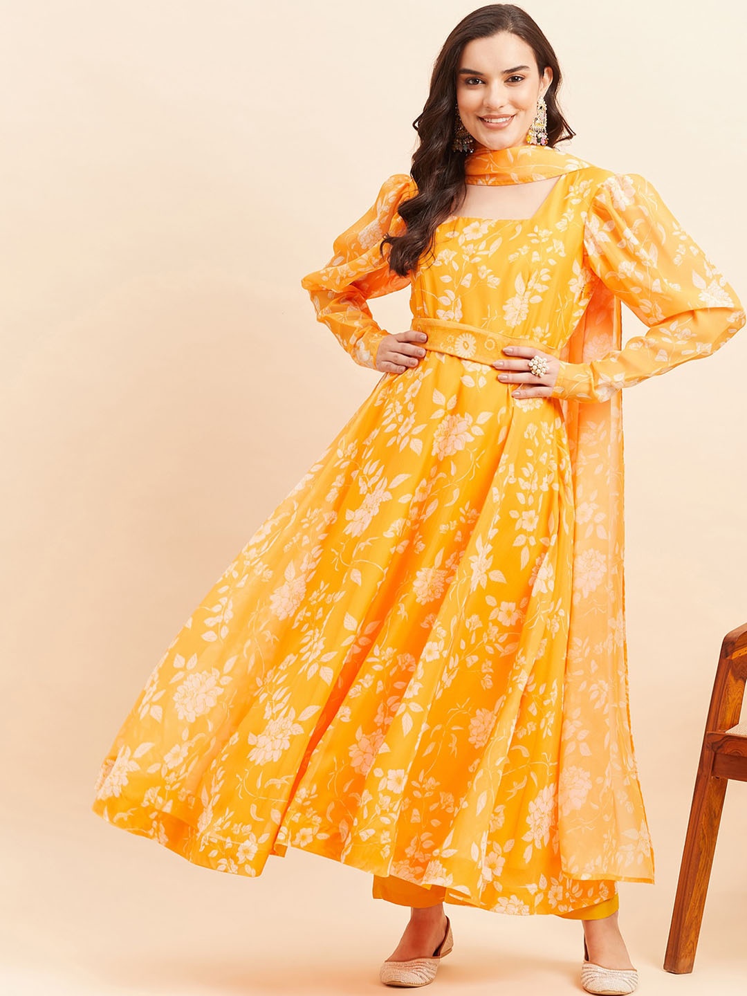 

KALINI Floral Printed Puff Sleeves Organza Anarkali Kurta With Dupatta, Orange