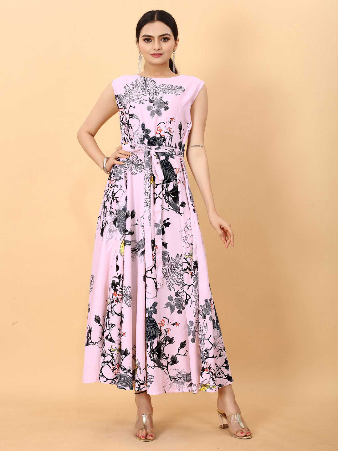 

Rhey Floral Printed Boat Neck Belted Maxi Dress, Pink