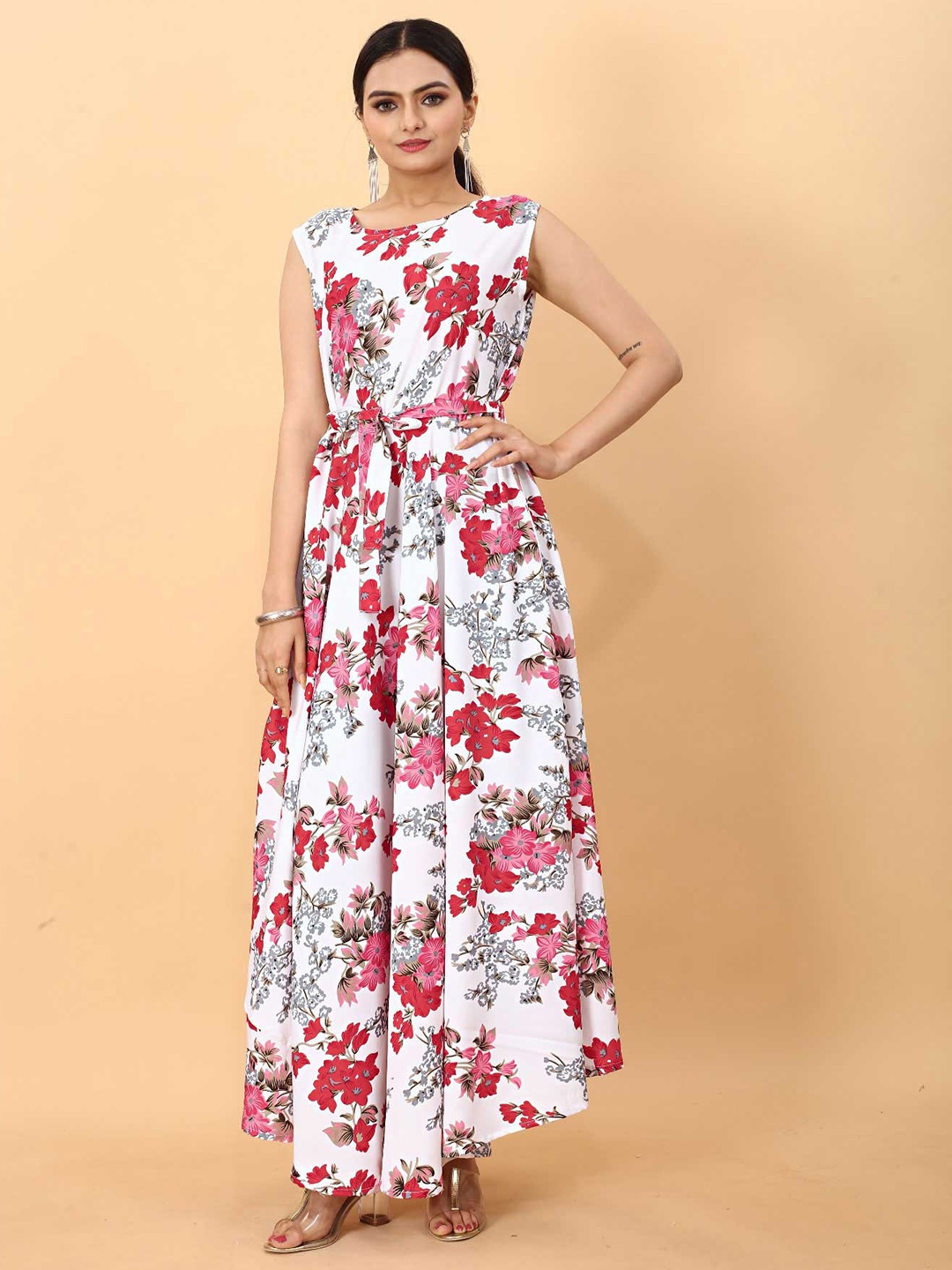 

Rhey Floral Printed Boat Neck Belted Maxi Dress, White