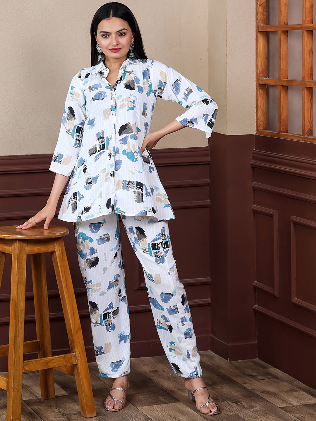 

Vidraa Western Store Printed Long Sleeves Shirt With Trousers, White
