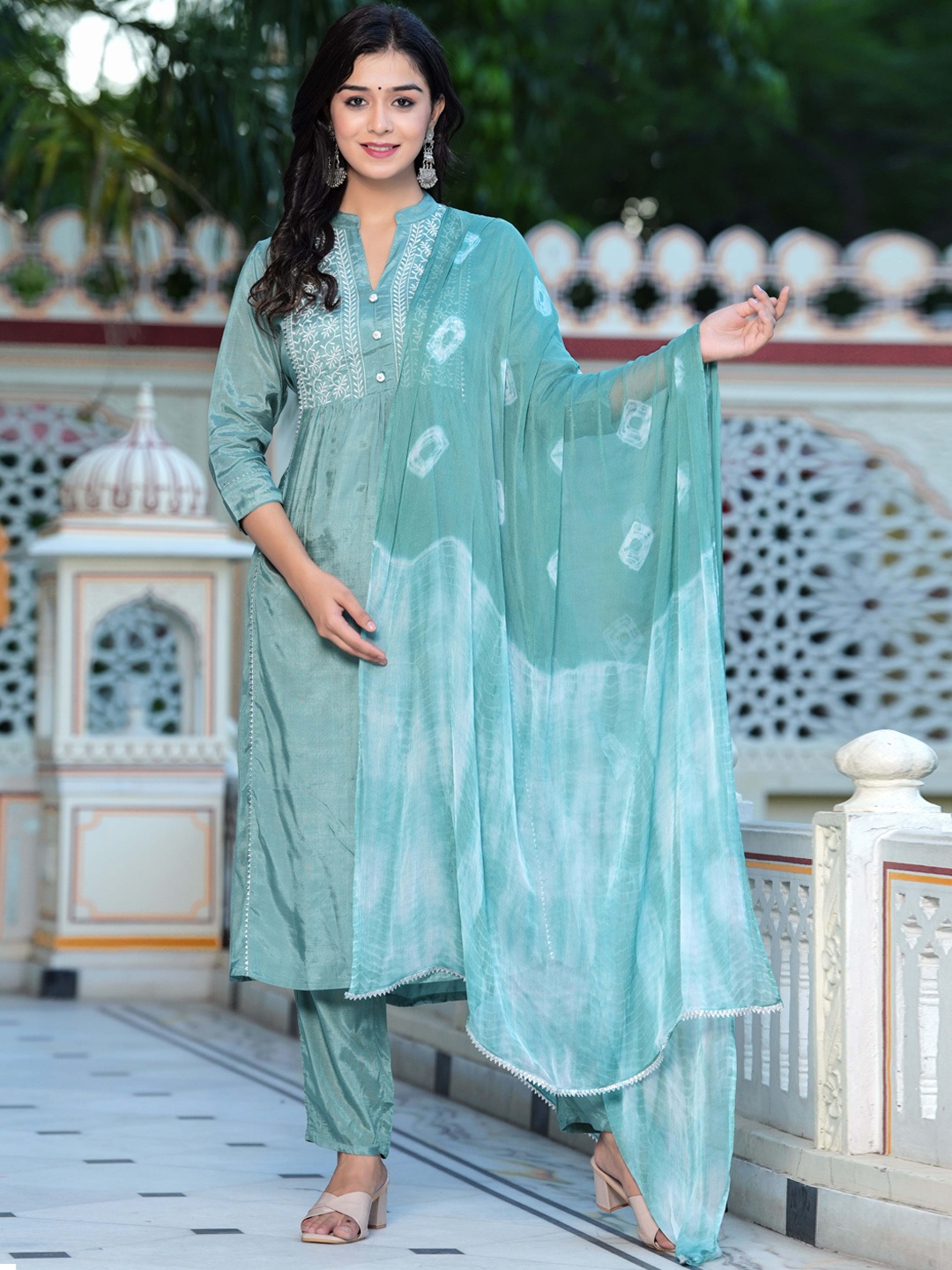 

BAESD Ethnic Motifs Yoke Design Thread Work Detail A-Line Kurta & Trouser With Dupatta, Sea green