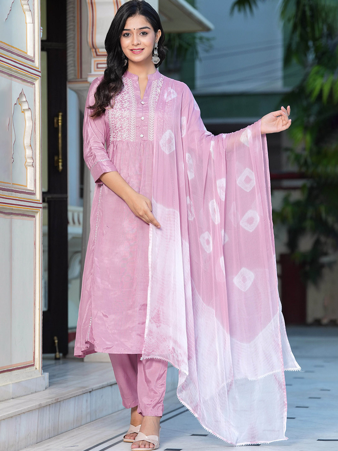 

BAESD Ethnic Motifs Yoke Design Thread Work Detail A-Line Kurta & Trouser With Dupatta, Pink