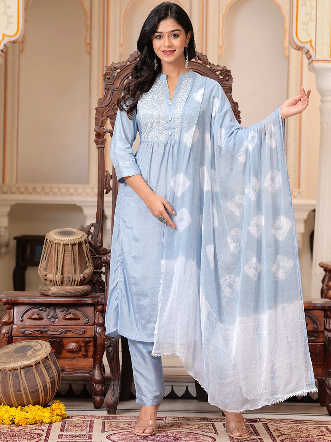 

BAESD Ethnic Motifs Yoke Design Thread Work Detail A-Line Kurta & Trouser With Dupatta, Blue