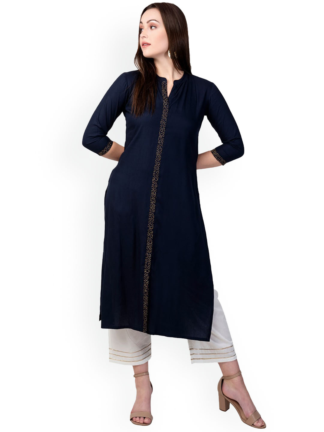 

BAESD Mandarin Collar Thread Work Detailed Straight Kurta With Trouser, Navy blue