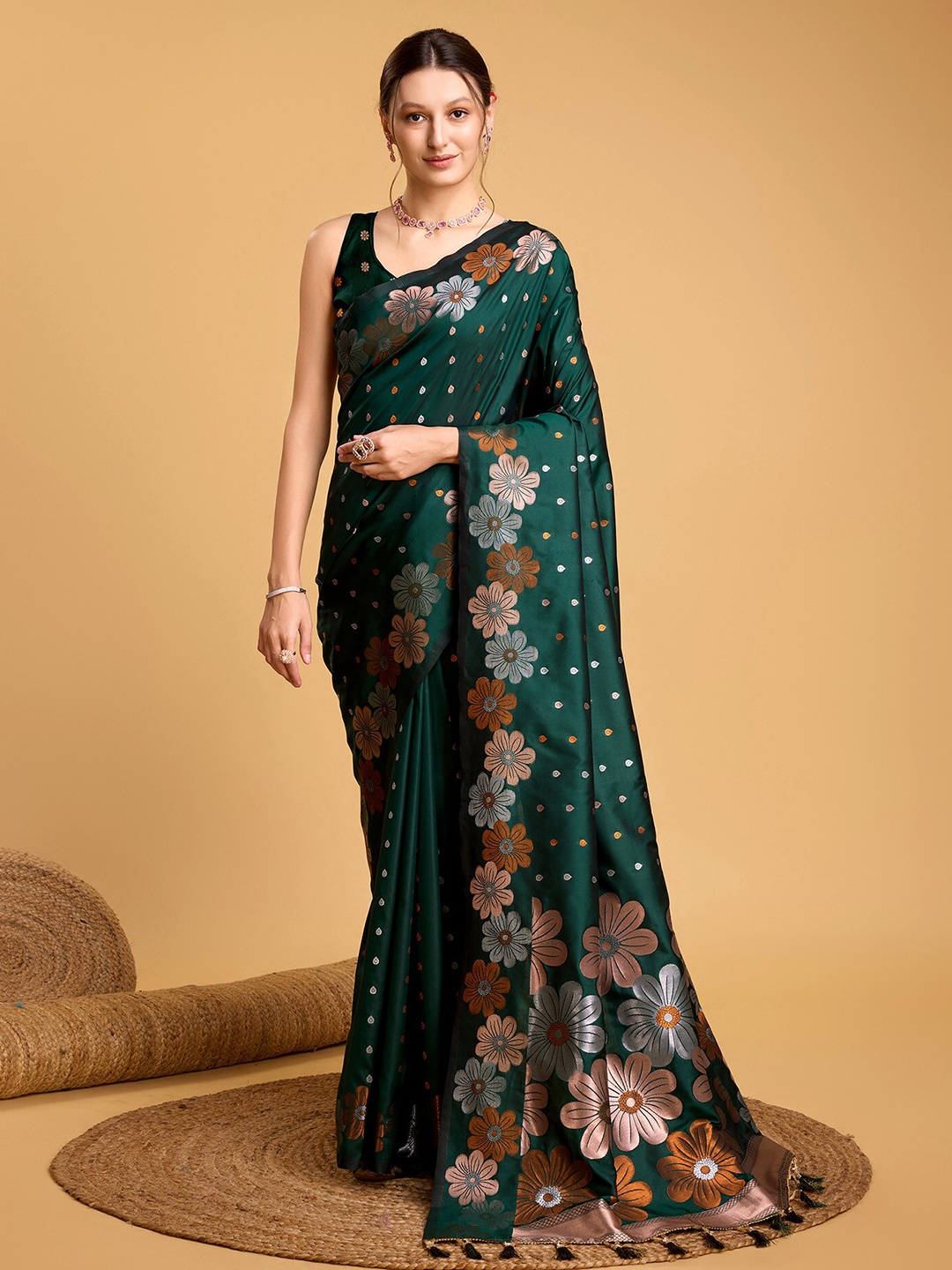 

Mitera Woven Design Zari Banarasi Saree, Green