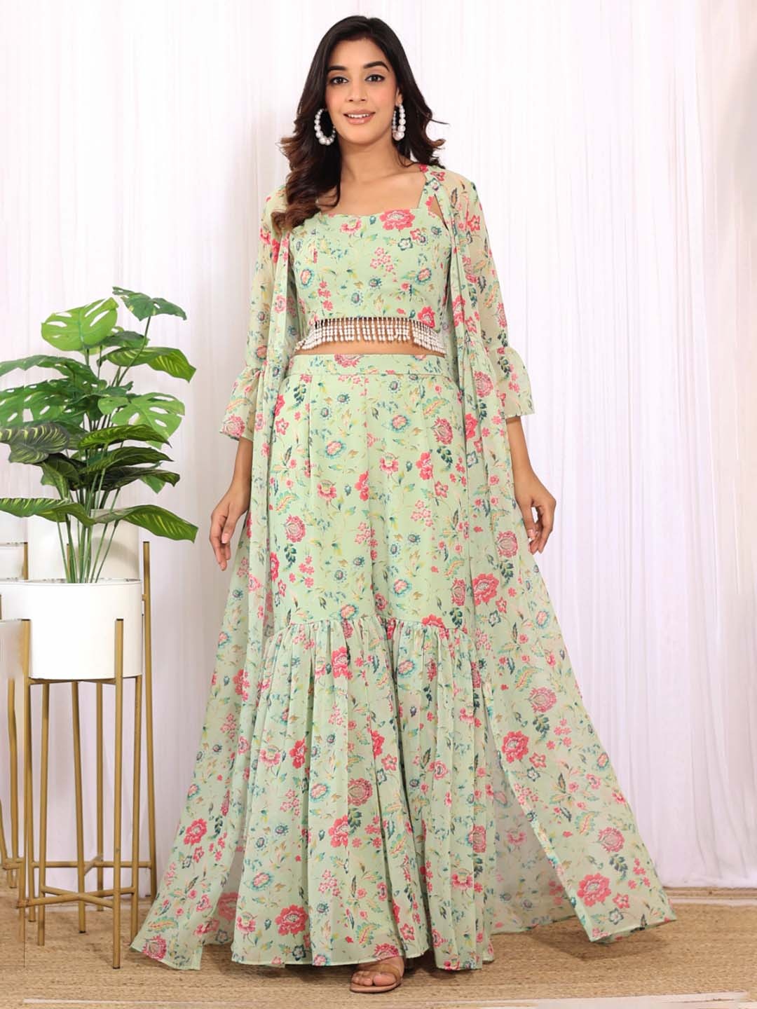 

LABEL KANUPRIYA Floral Printed Crop Top With Sharara & Shrug, Green