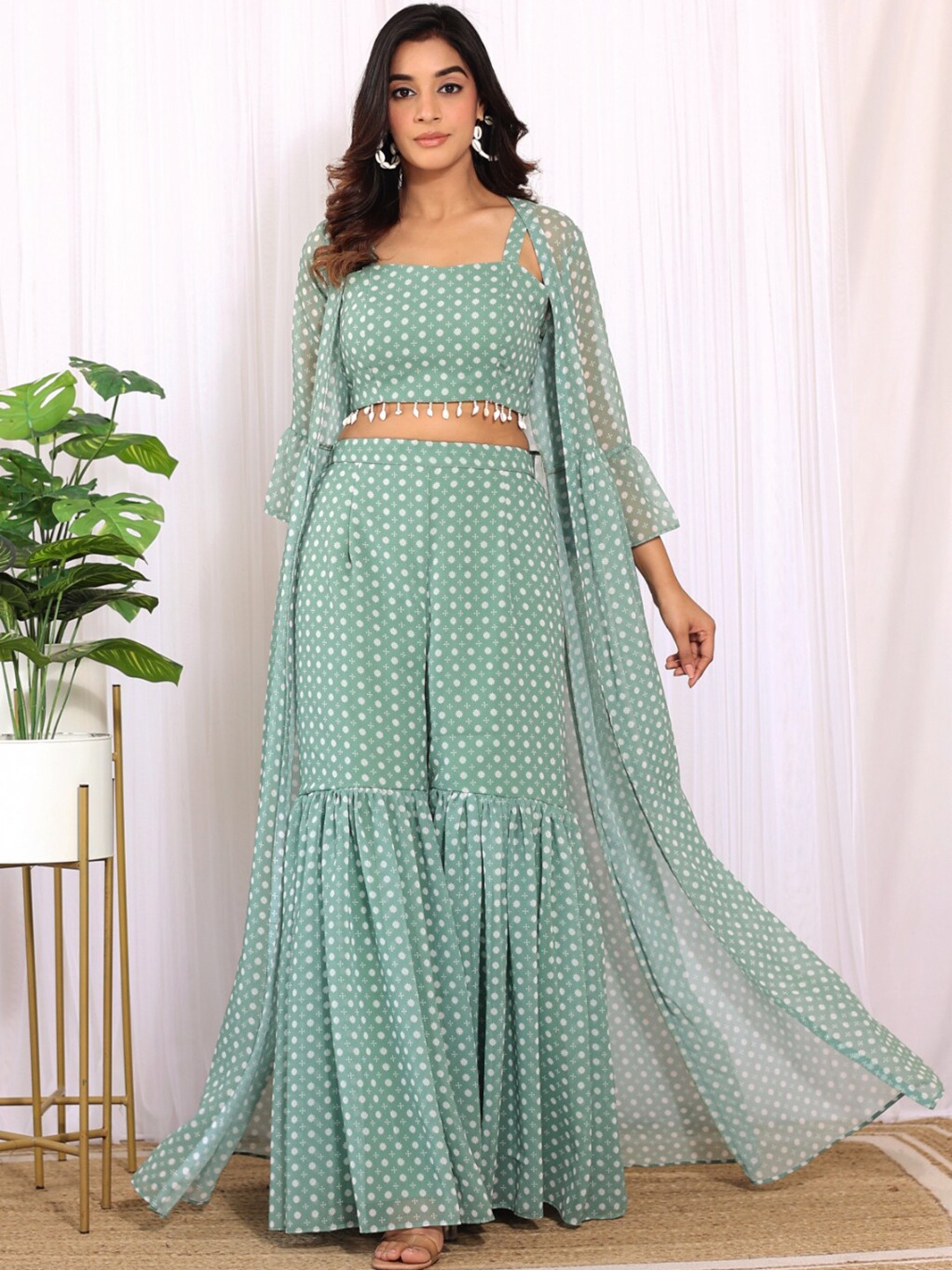 

LABEL KANUPRIYA Printed Top & Sharara Shrug, Green