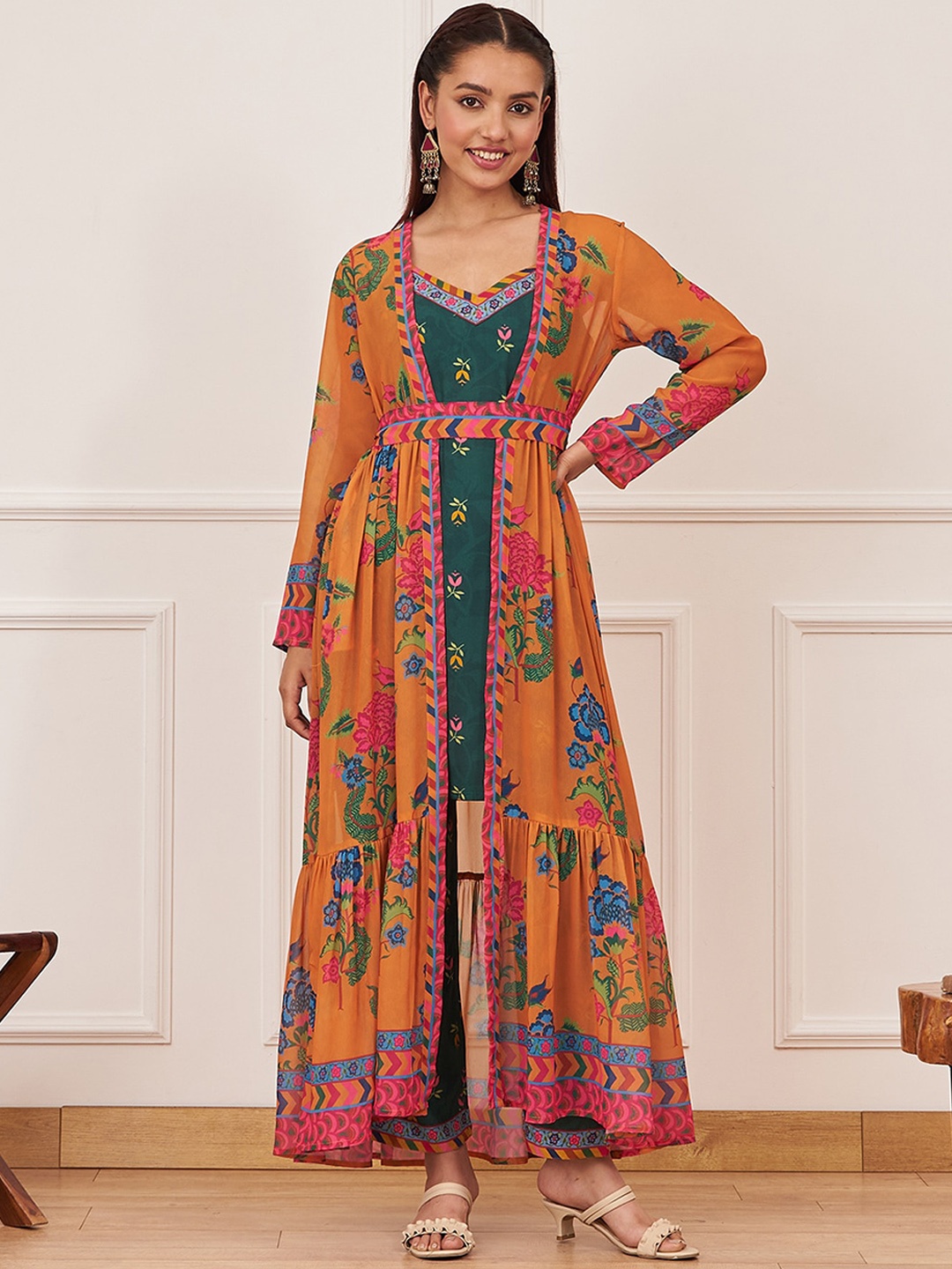 

Rustorange Printed Ethnic Tunic With Trouser & Tiered Long Shrug, Green