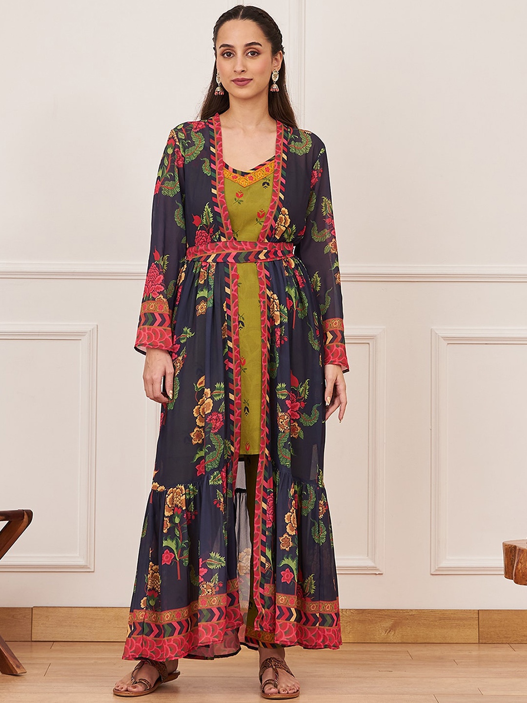 

Rustorange Printed V-Neck Tunic & Flared Trouser & Shrug With Belt Co-Ords, Olive