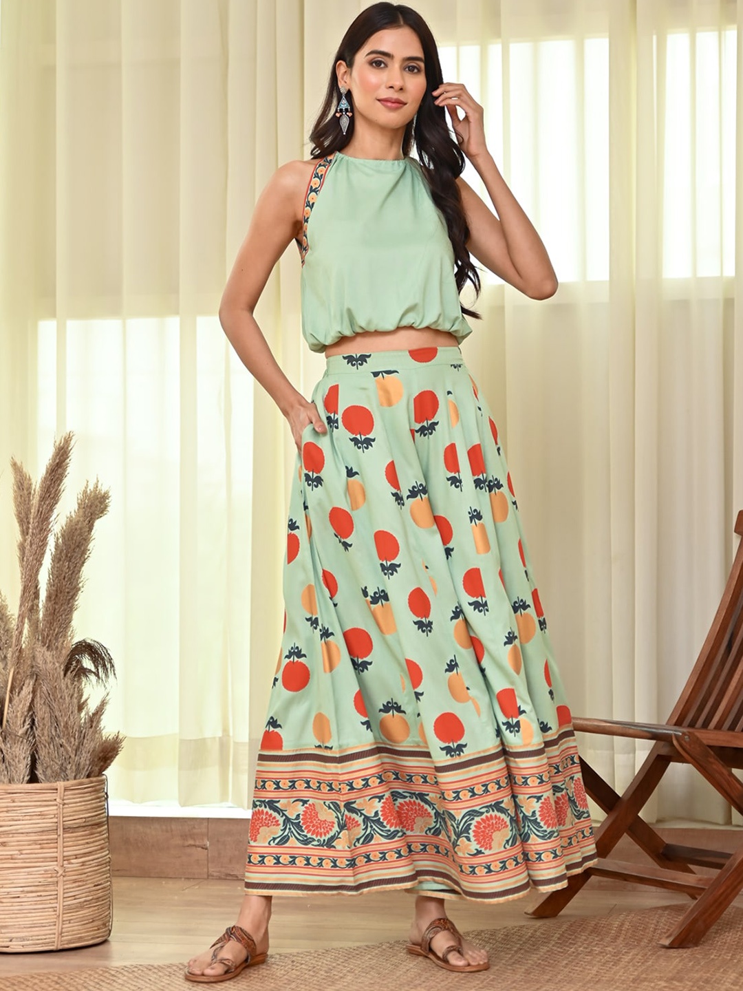 

Rustorange Printed Crop Top With Palazzo, Green