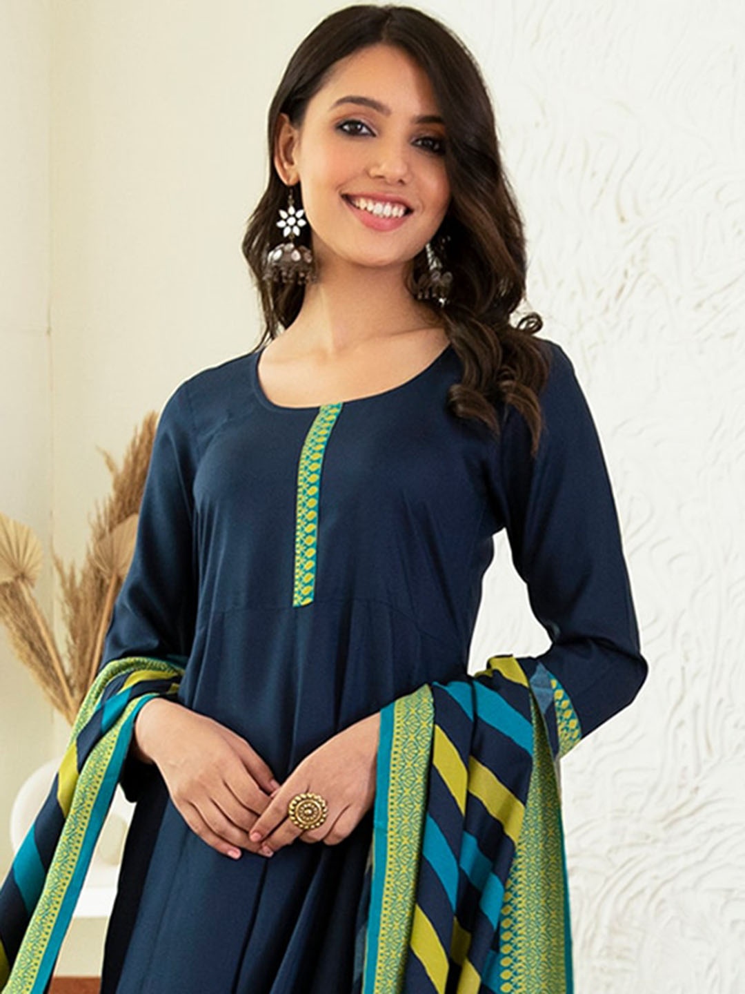 

Rustorange Fit & Flared Ethnic Dress with Dupatta, Navy blue