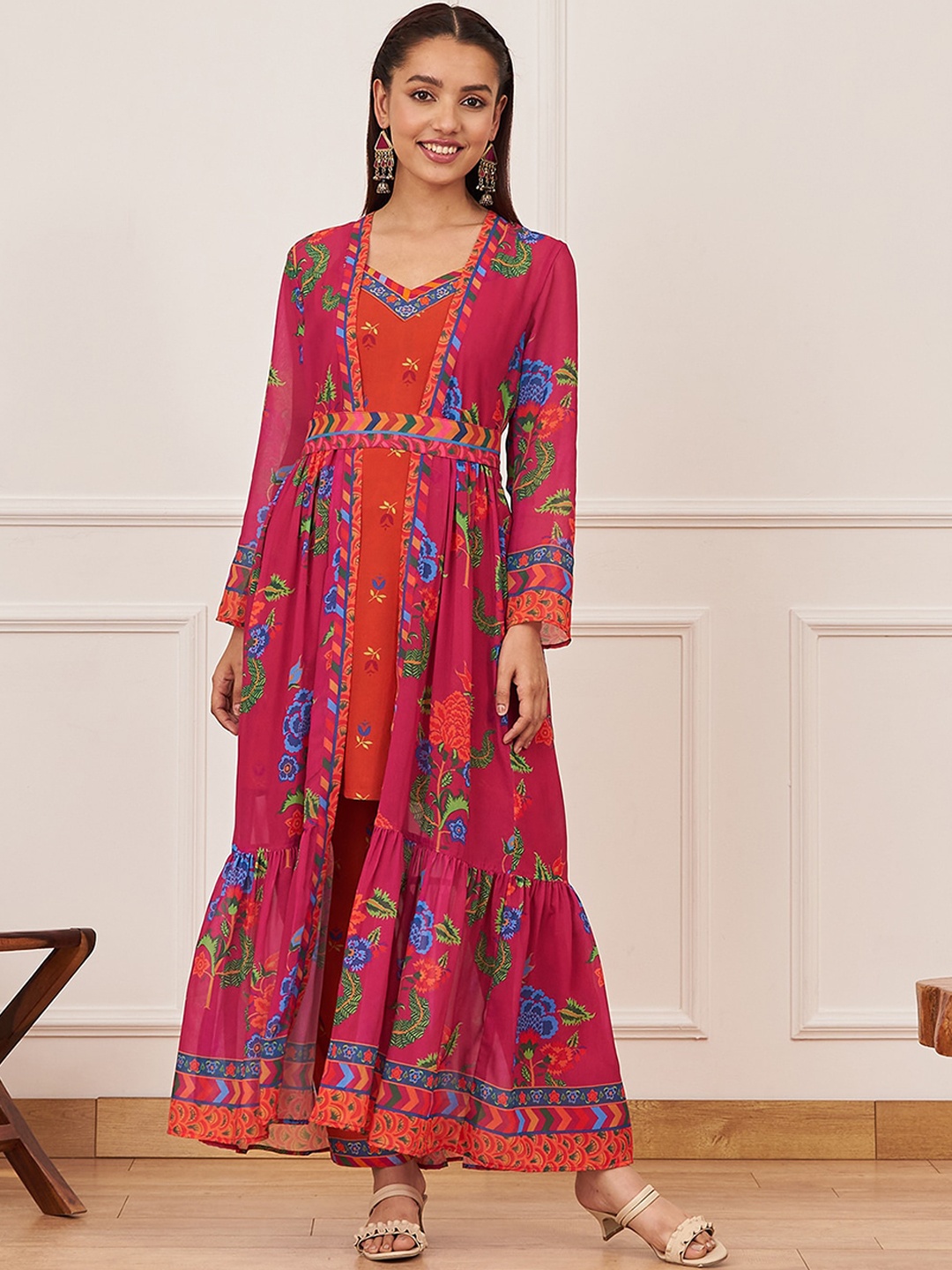 

Rustorange Printed Ethnic Tunic With Trouser & Tiered Long Shrug, Orange