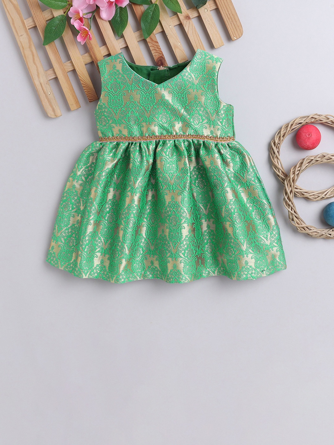 

MANY FROCKS & Girls Floral Printed Embellished Jacquard Cotton Fit & Flare Dress, Green