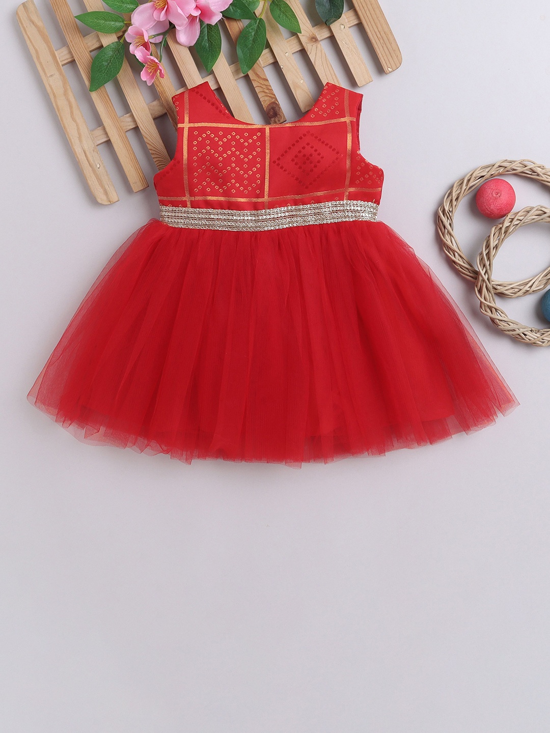 

MANY FROCKS & Girls Geometric Printed Net Sleeveless Fit & Flare Dress, Red