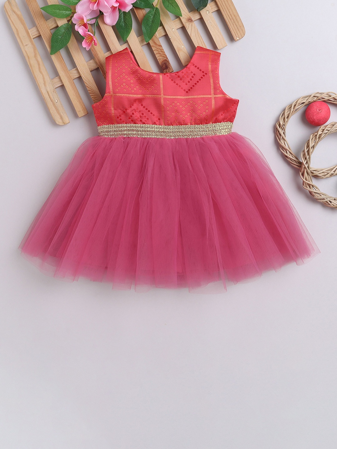 

MANY FROCKS & Girls Geometric Printed Net Sleeveless Fit & Flare Dress, Pink