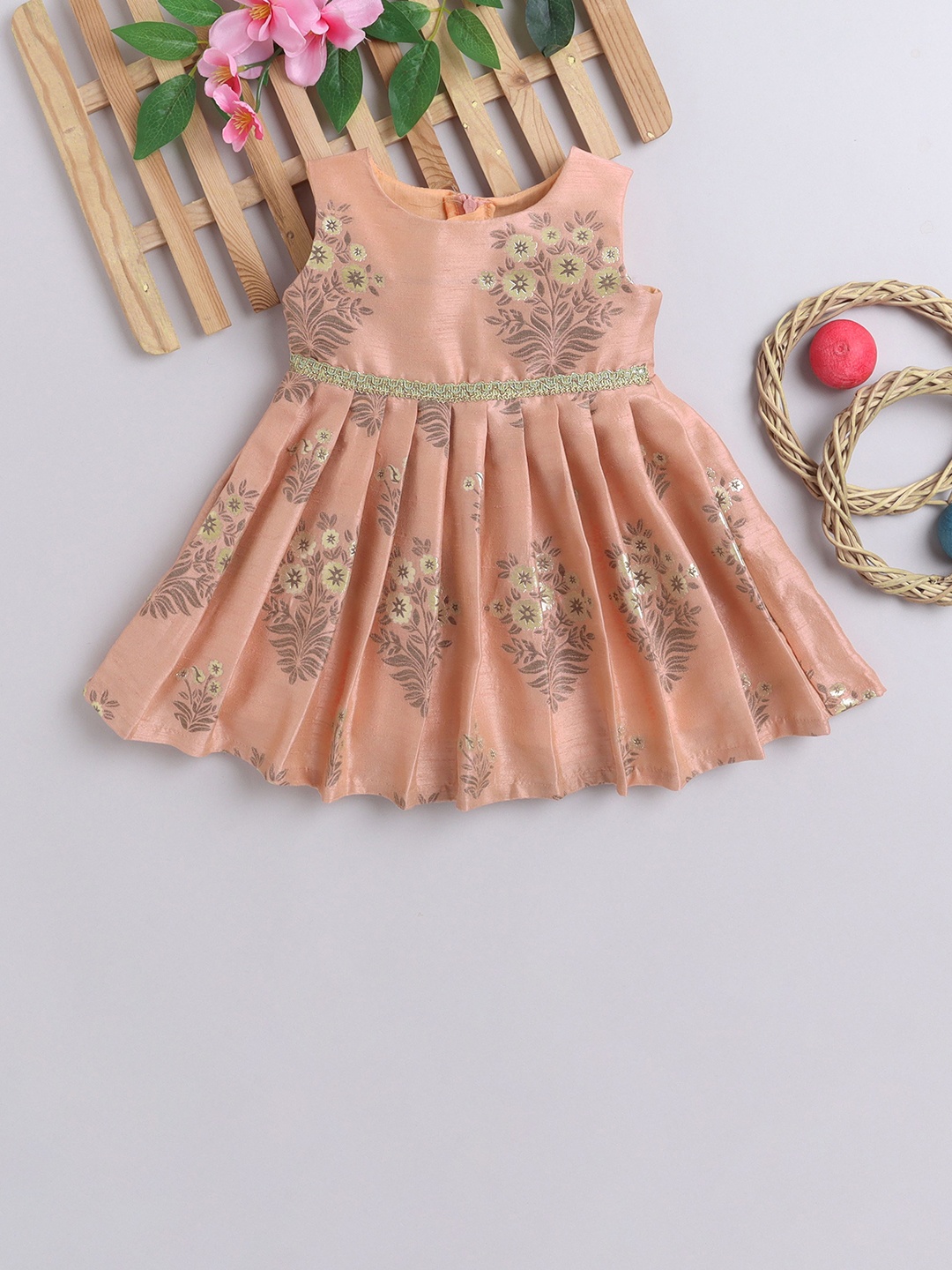 

MANY FROCKS & Girls Floral Printed Embellished Fit & Flare Dress, Peach