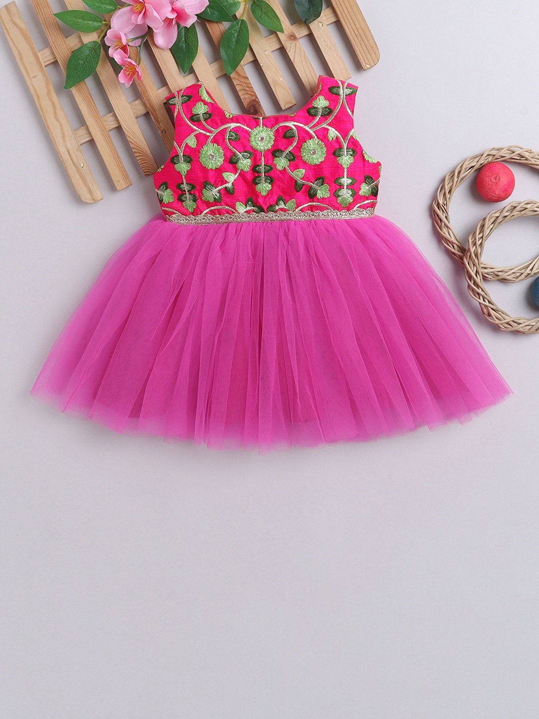 

MANY FROCKS & Girls Floral Embroidered Embellished Net Cotton Fit & Flare Dress, Pink