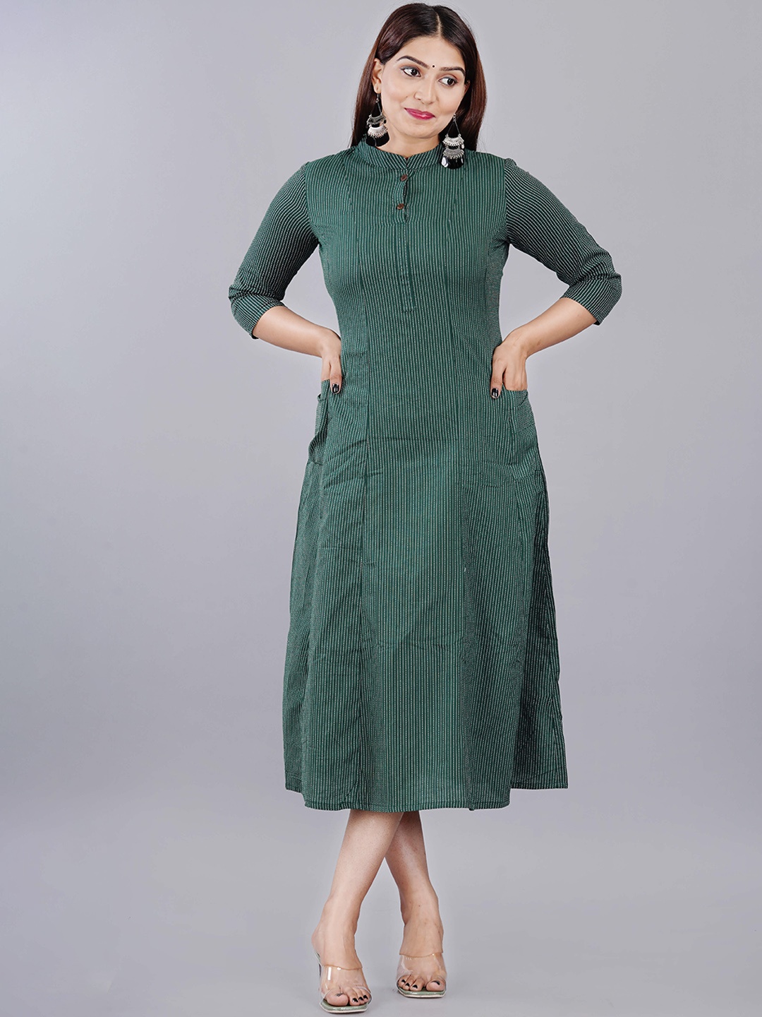 

BAESD Striped Mandarin Collar Cotton A-Line Midi Dress, Green