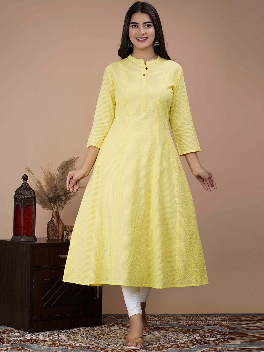 

BAESD Striped Anarkali Pure Cotton Kurta, Yellow