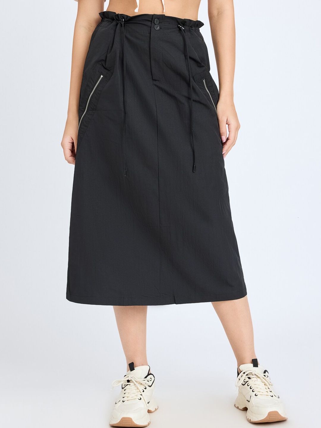 

FREAKINS Women Side-Zipped Pure Cotton A-Line Midi Skirts, Black
