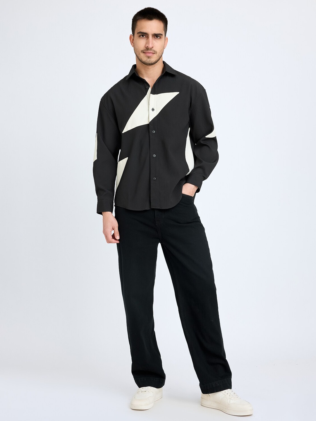

FREAKINS Colourblocked Pure Cotton Oversized Casual Shirt, Black